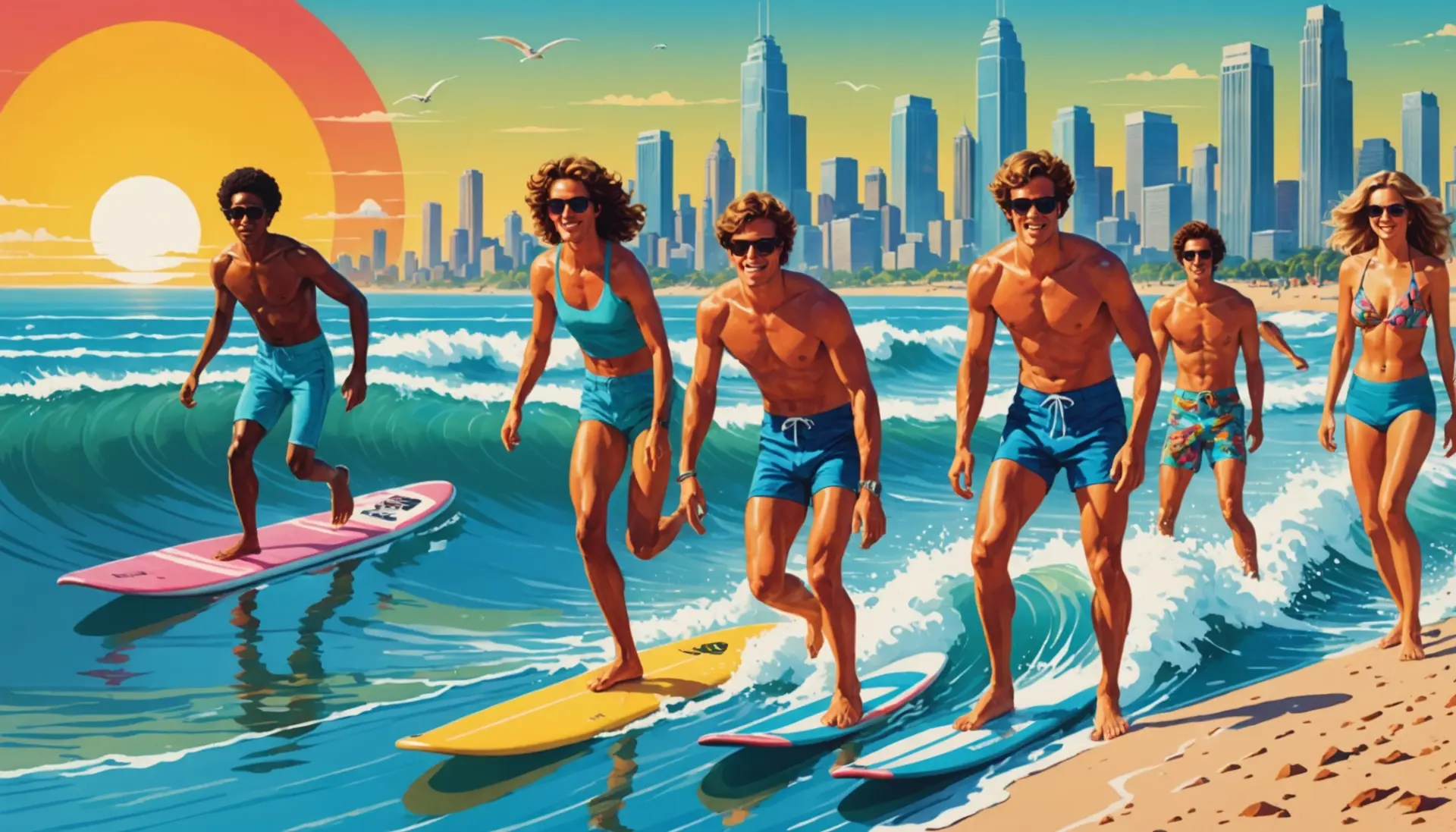 Editorial scene about what does tubular mean in slang, showing surfers and retro style