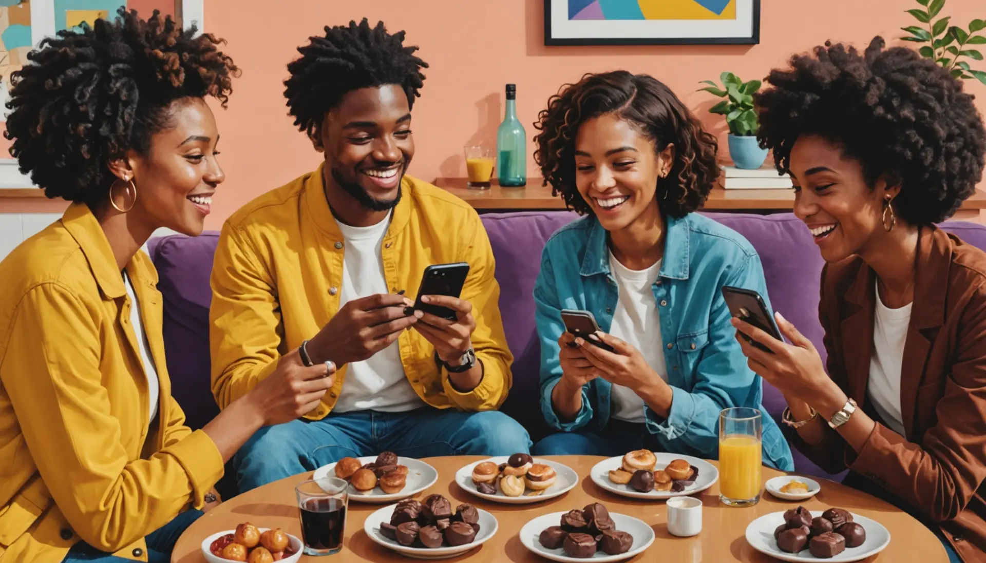 Editorial illustration showing people discussing what does truffles mean around a cafe table