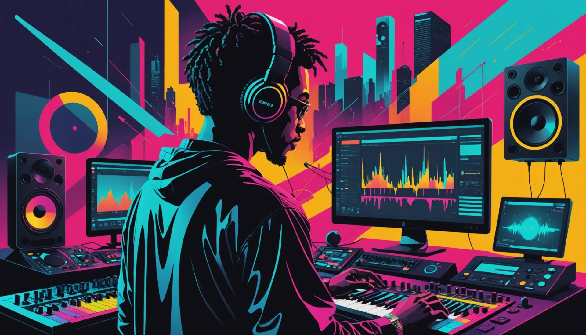 Editorial illustration of sound waves and digital screens representing what does hertz mean