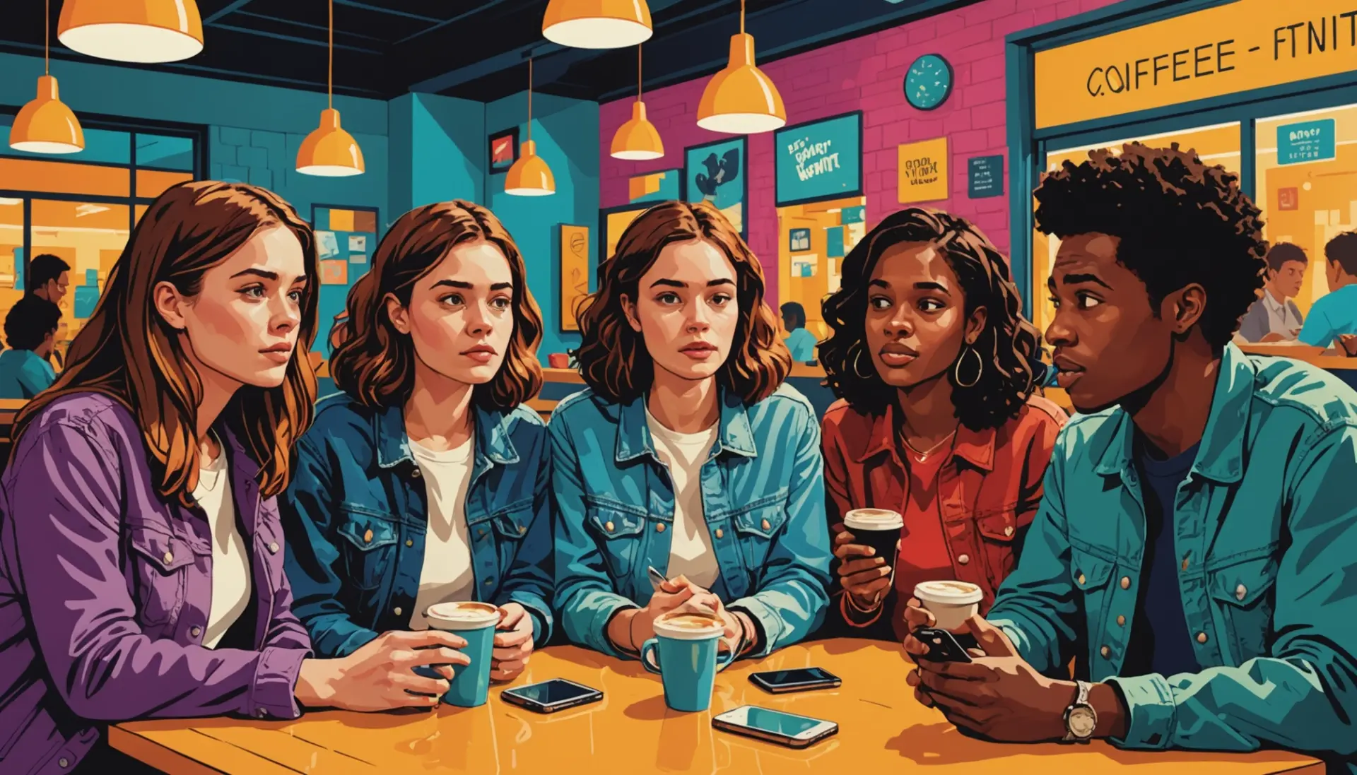 Editorial illustration showing people reacting to a single-period message, what does a dot mean in texting