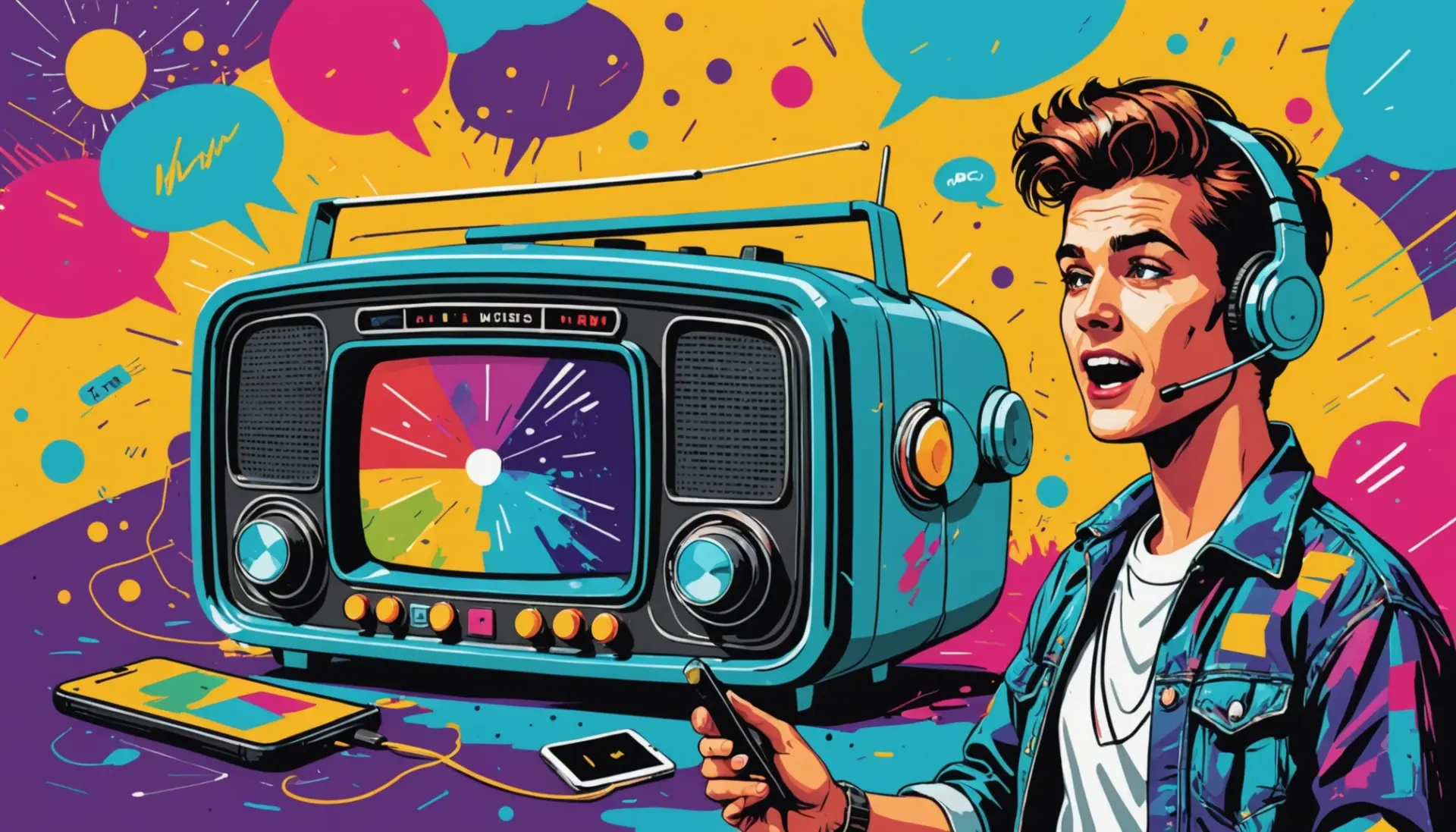 Editorial illustration of a broken vintage radio with graffiti style, representing 'fritz urban dictionary'
