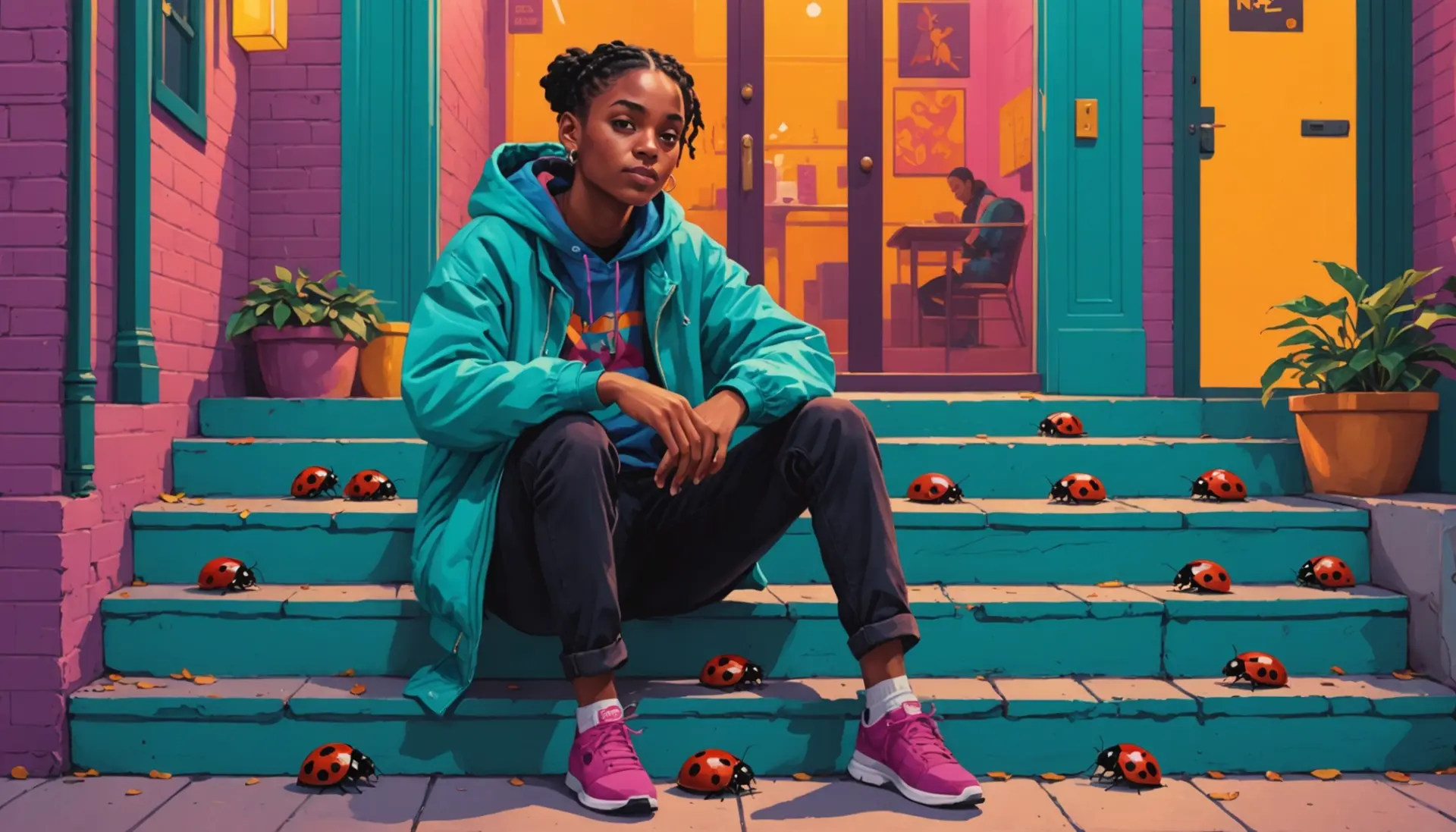 Editorial illustration of a playful scene featuring a person nicknamed 'ladybug', with the phrase ladybug urban dictionary in context