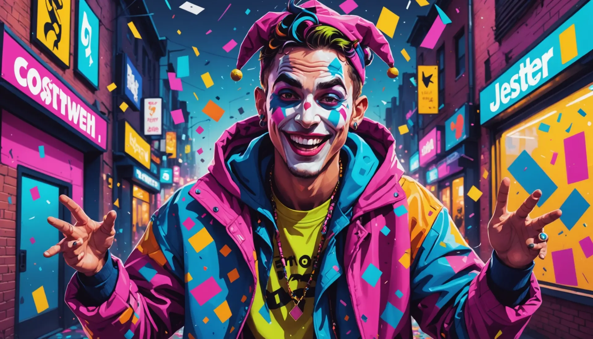 Editorial illustration of a modern jester embodying jestermaxxing urban dictionary style, neon colors, streetwear