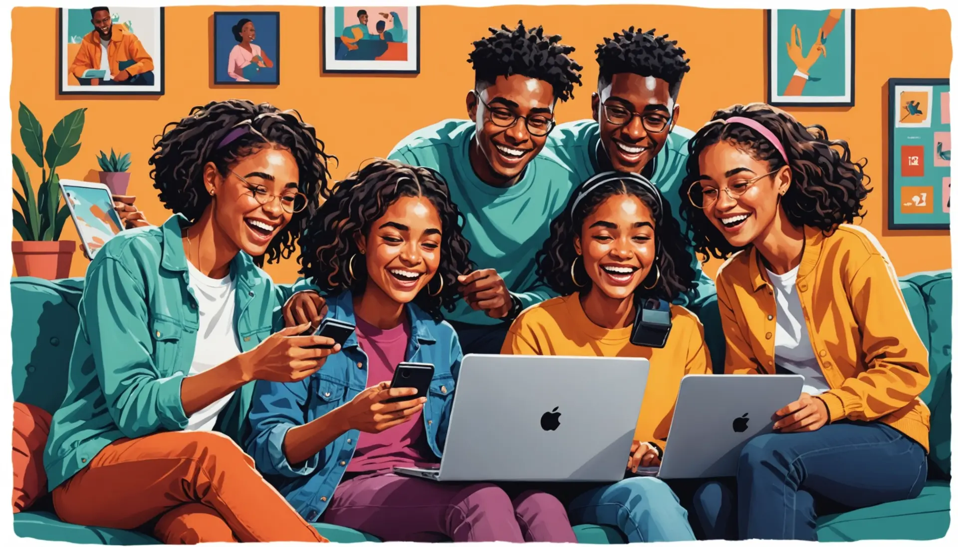 Editorial illustration showing young people searching pleb urban dictionary on phones