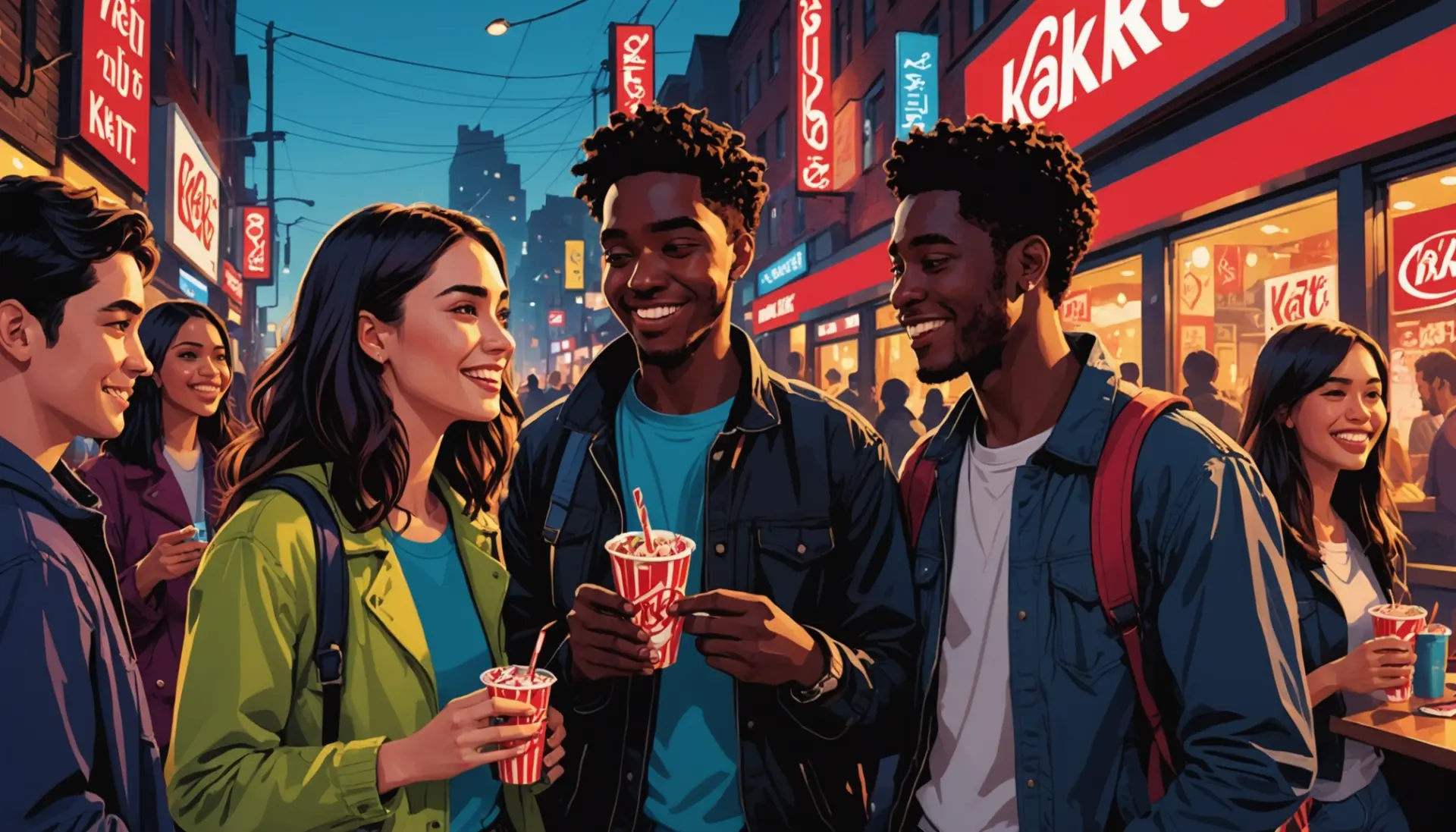 Colorful editorial scene showing friends sharing a Kit Kat and saying 'kit kat slang'