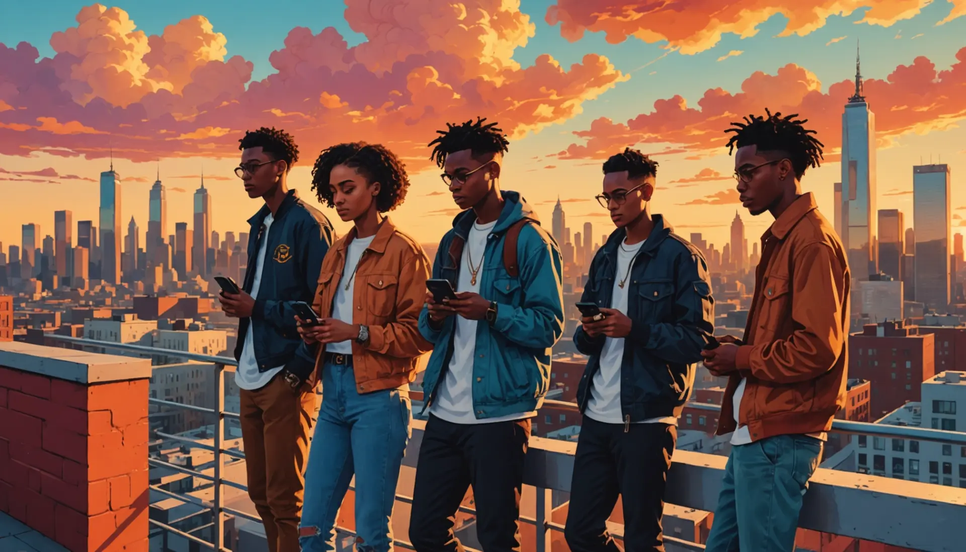 Editorial illustration of young people at a rooftop lookout, evoking crows nest slang meaning