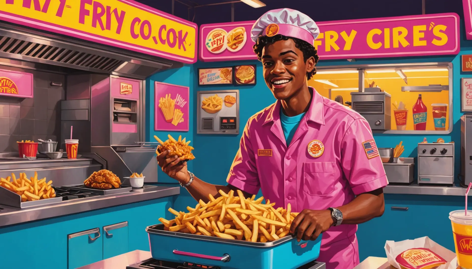 Editorial illustration of a young fry cook figure representing fry cook slang