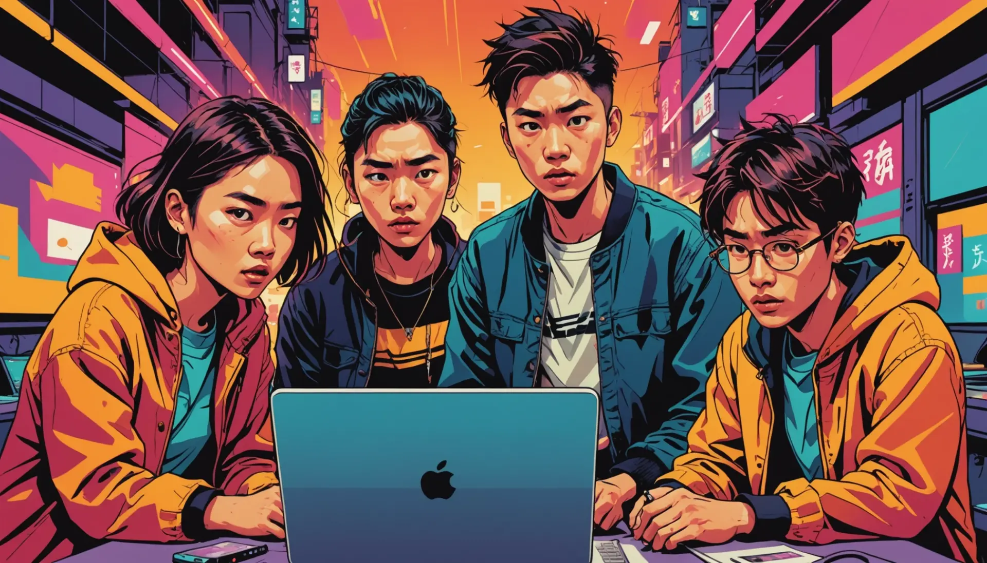 Editorial illustration showing characters reacting to a kaku kaku choppy video, caption includes the phrase what does kaku kaku mean