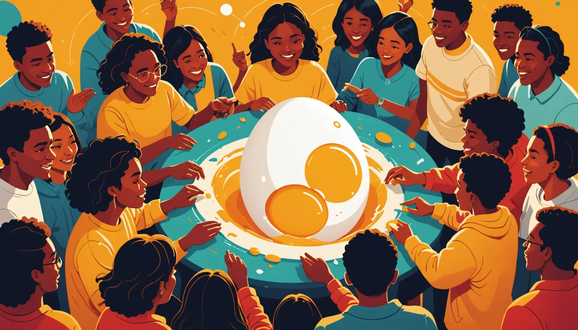 Vibrant editorial illustration of people reacting to a symbolic cracking egg, representing the phrase egg cracking urban dictionary