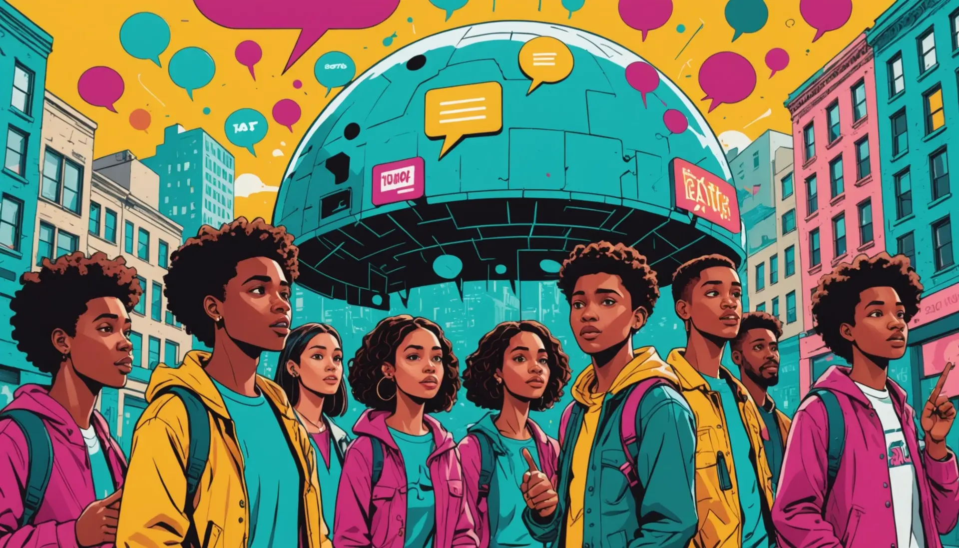 Editorial illustration showing street scene with a stylized head and speech bubbles, dome urban dictionary