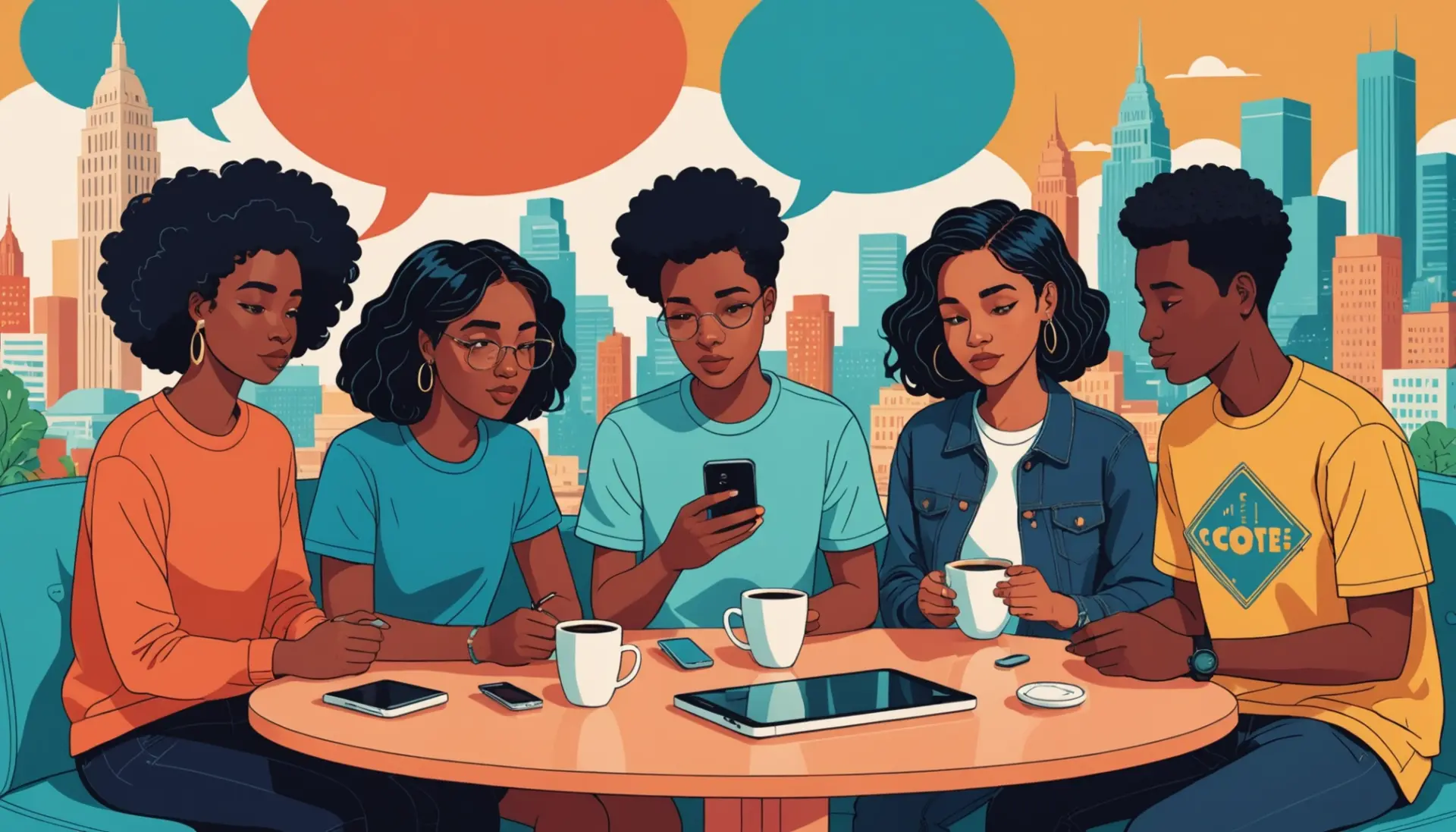 Editorial illustration showing people texting 'stl' with speech bubbles, representing stl meaning slang