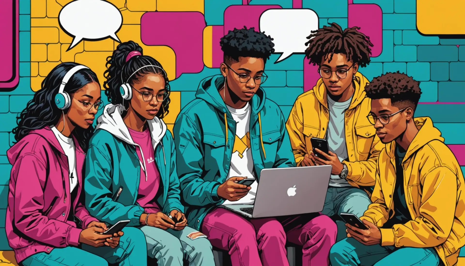 Editorial illustration representing on nation urban dictionary, showing young people using phones and speech bubbles