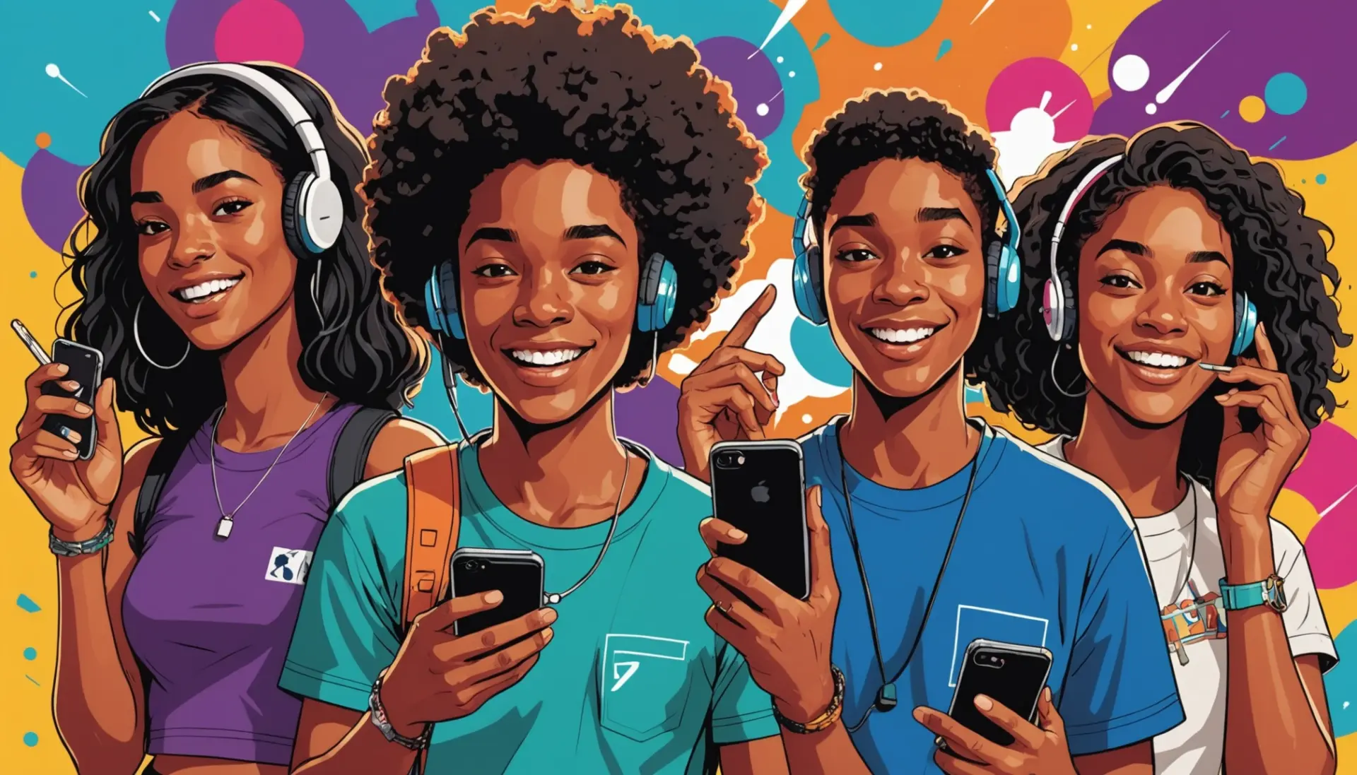 Editorial illustration showing young people checking 'poof urban dictionary' slang meanings on a phone