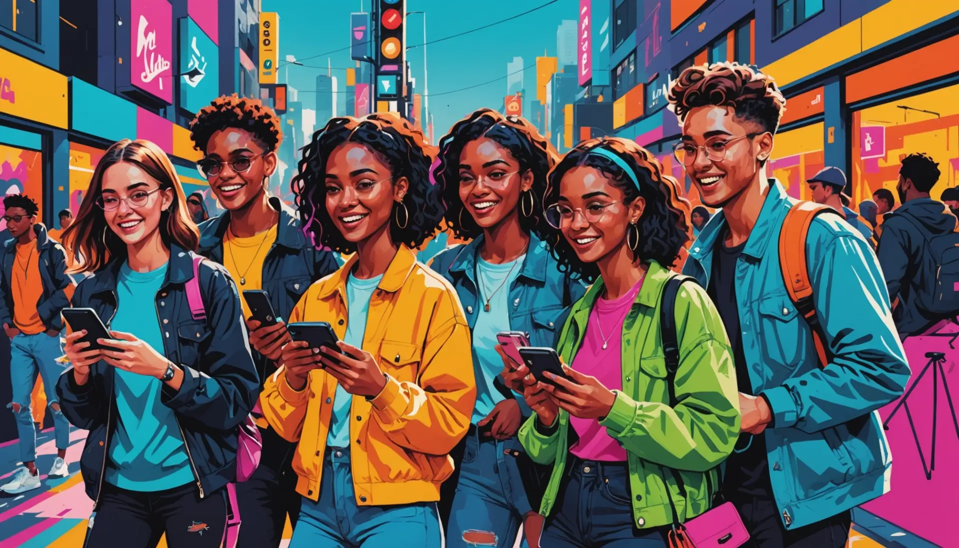 Editorial illustration of people recording on phones, representing catching print meaning slang