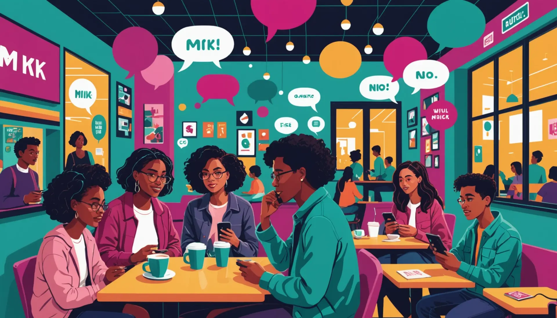 Bright editorial illustration showing people texting and asking what does mkk mean in text