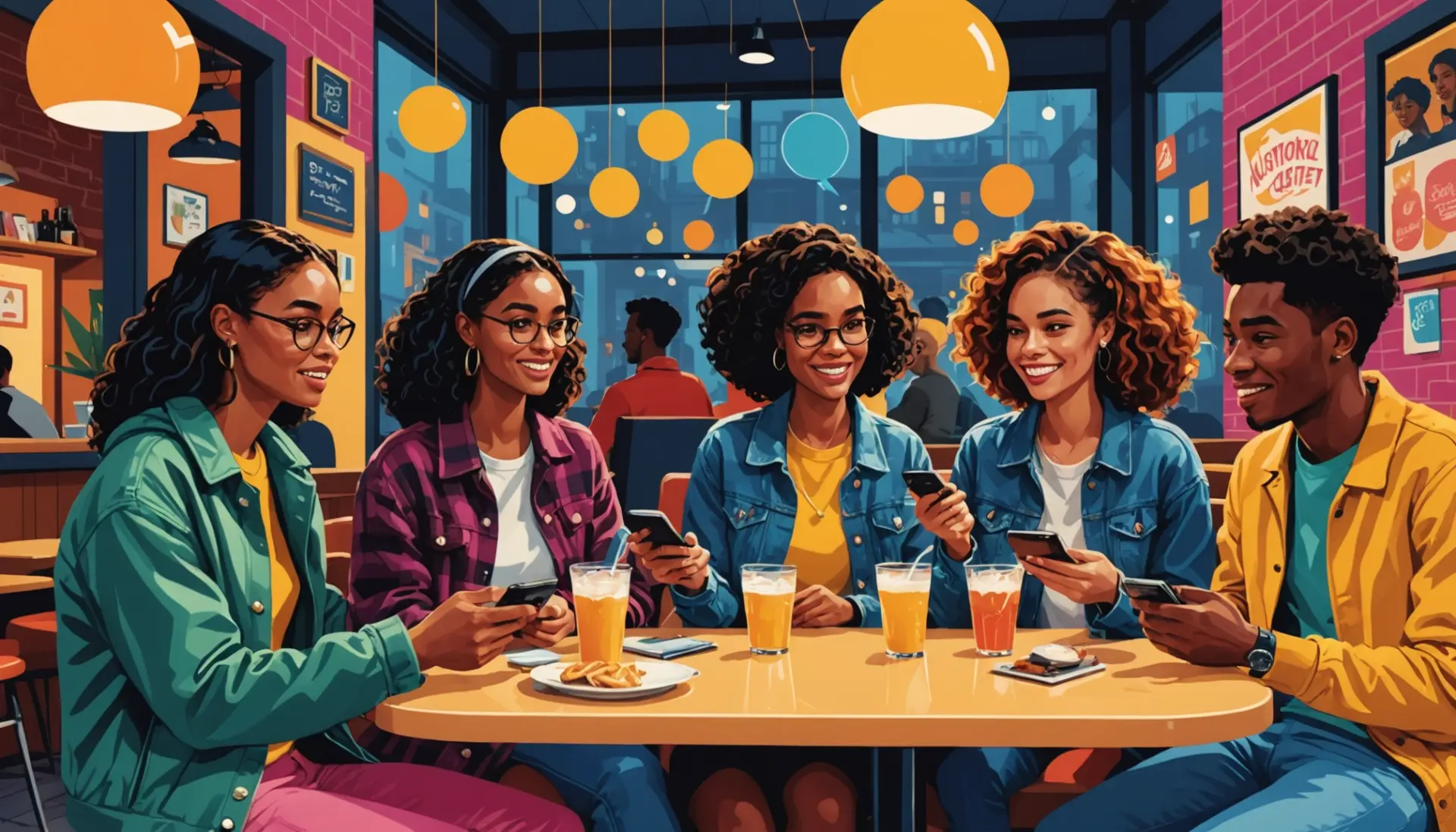 Bright editorial illustration of young people texting the phrase what does equis mean on their phones, lively urban colors