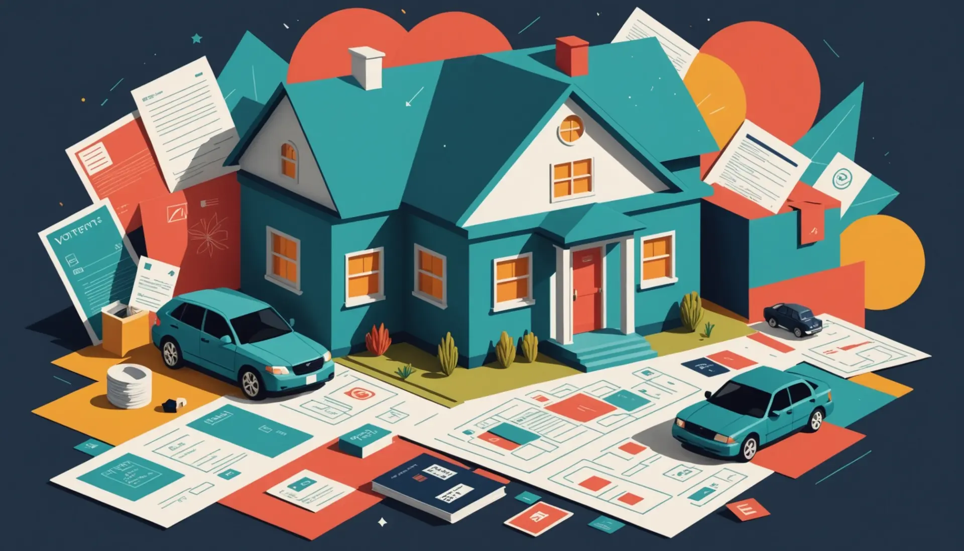 Editorial illustration representing what does domicile mean with a stylized home, passport, and map