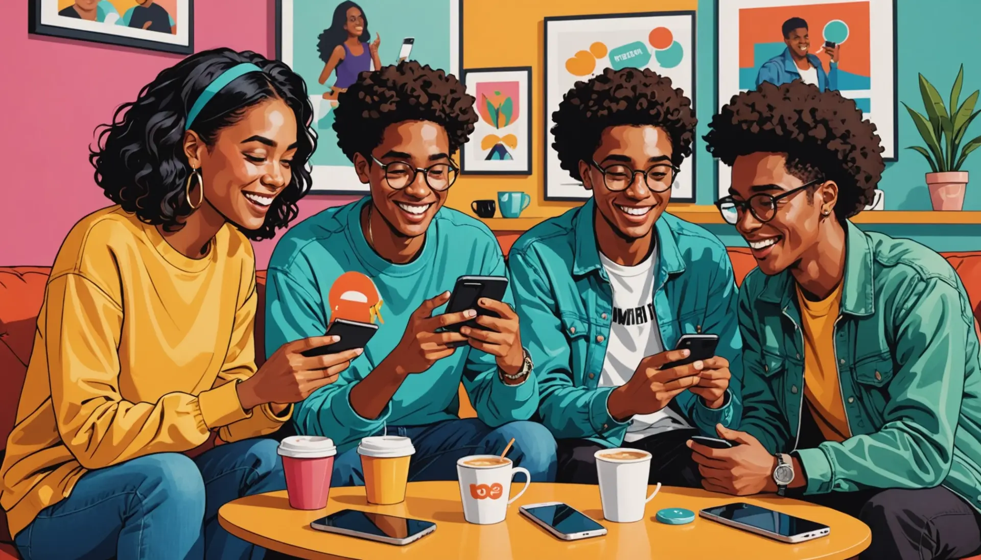 Editorial illustration showing friends with caption bubble asking 'what is a bsf slang' in a casual chat