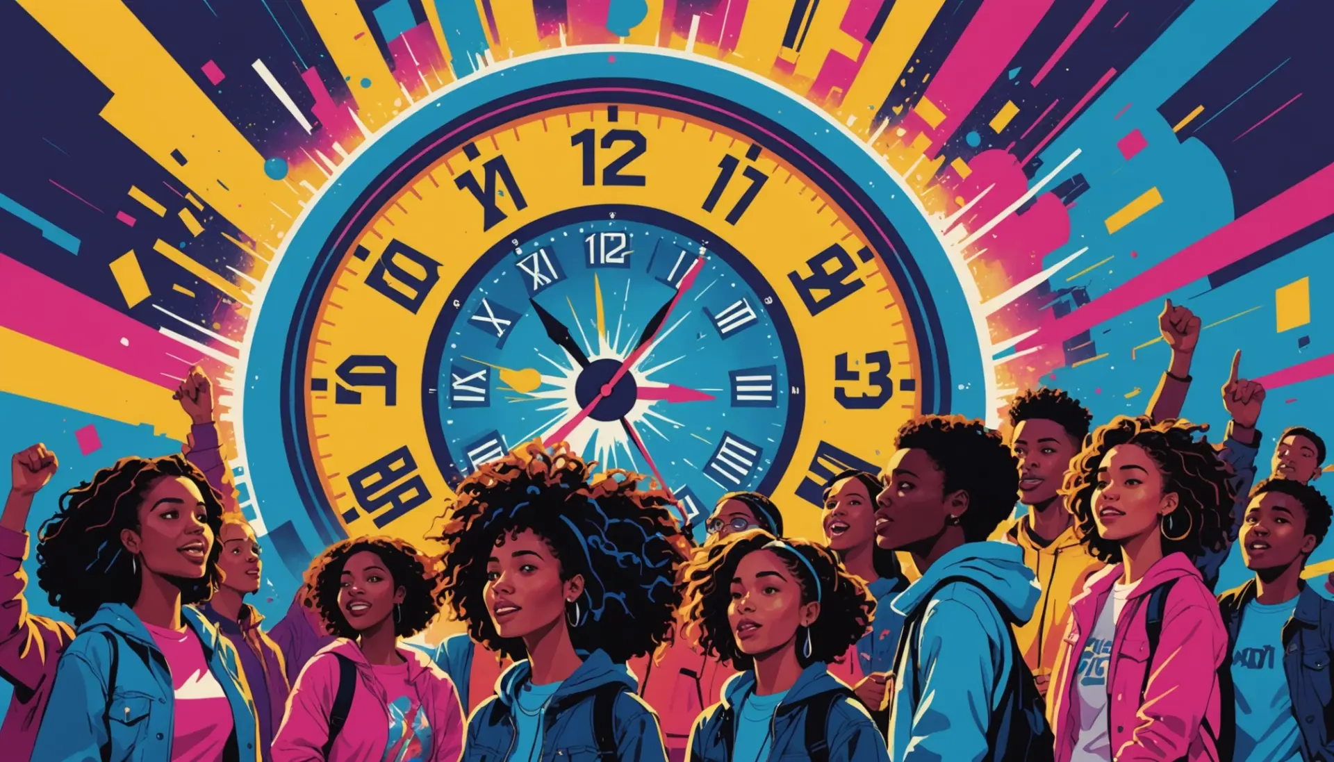 Editorial illustration showing a countdown clock with people using gadgets, representing what does t minus mean