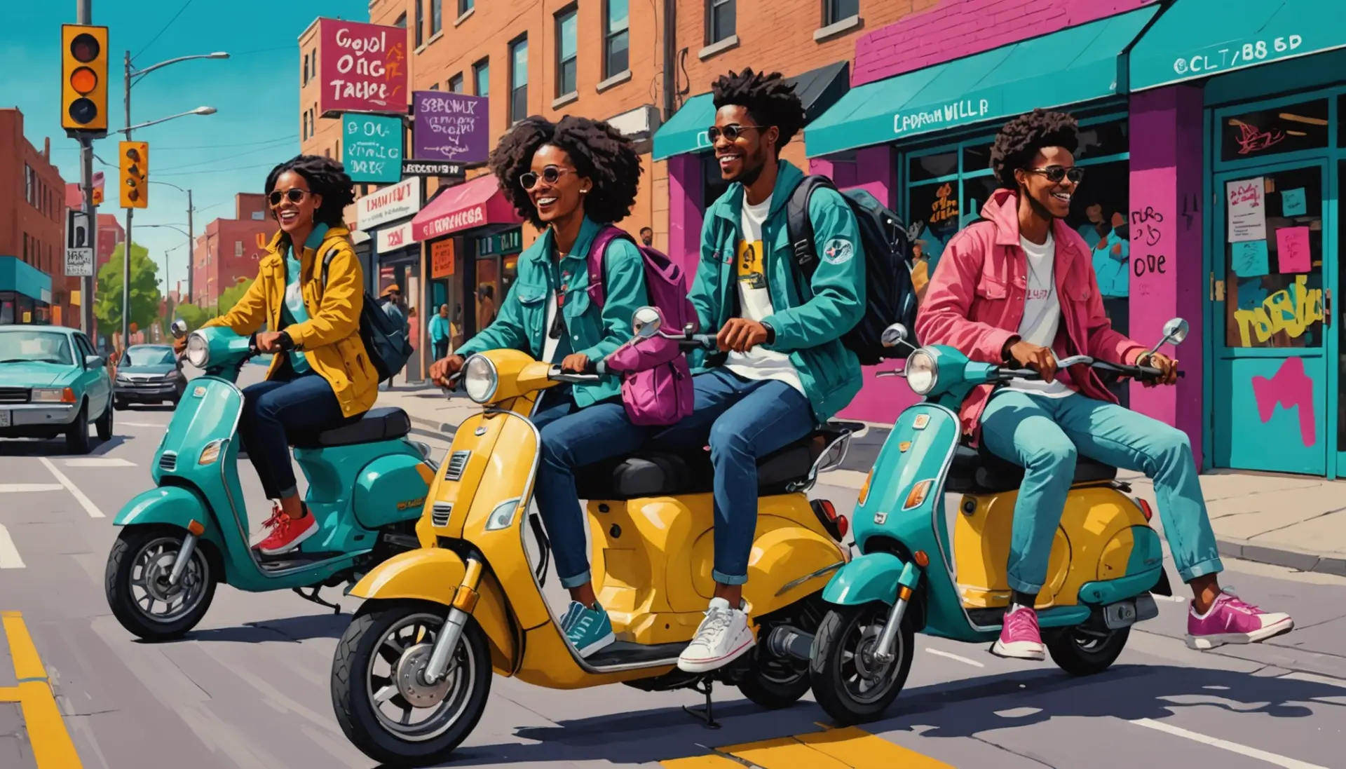 Editorial illustration showing people on a city jaunt, with the phrase jaunt urban dictionary implied in mood