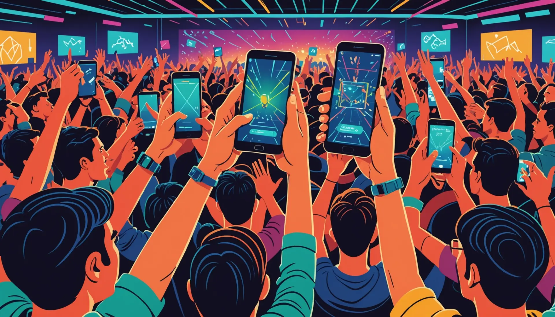 Editorial illustration of people cheering, a smartphone showing rooting, and Aussie nightlife, representing rooting meaning slang