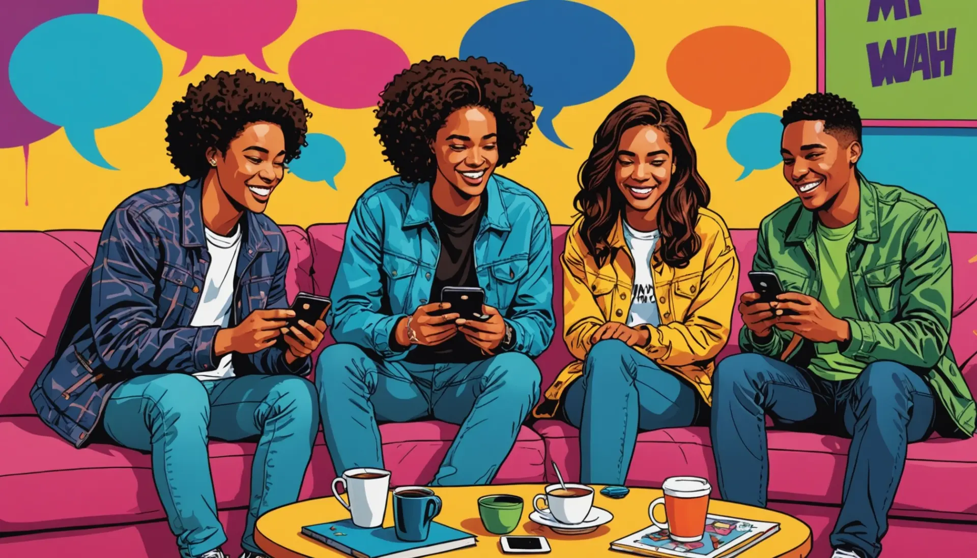 Illustration showing people texting 'what does mwah mean in text' with chat bubbles and kisses, focus on mwah meaning