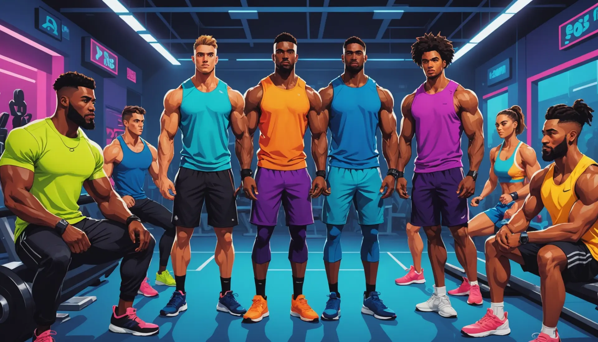 Editorial photo-style illustration showing people at the gym and gamers at computers, representing what does buff mean in slang