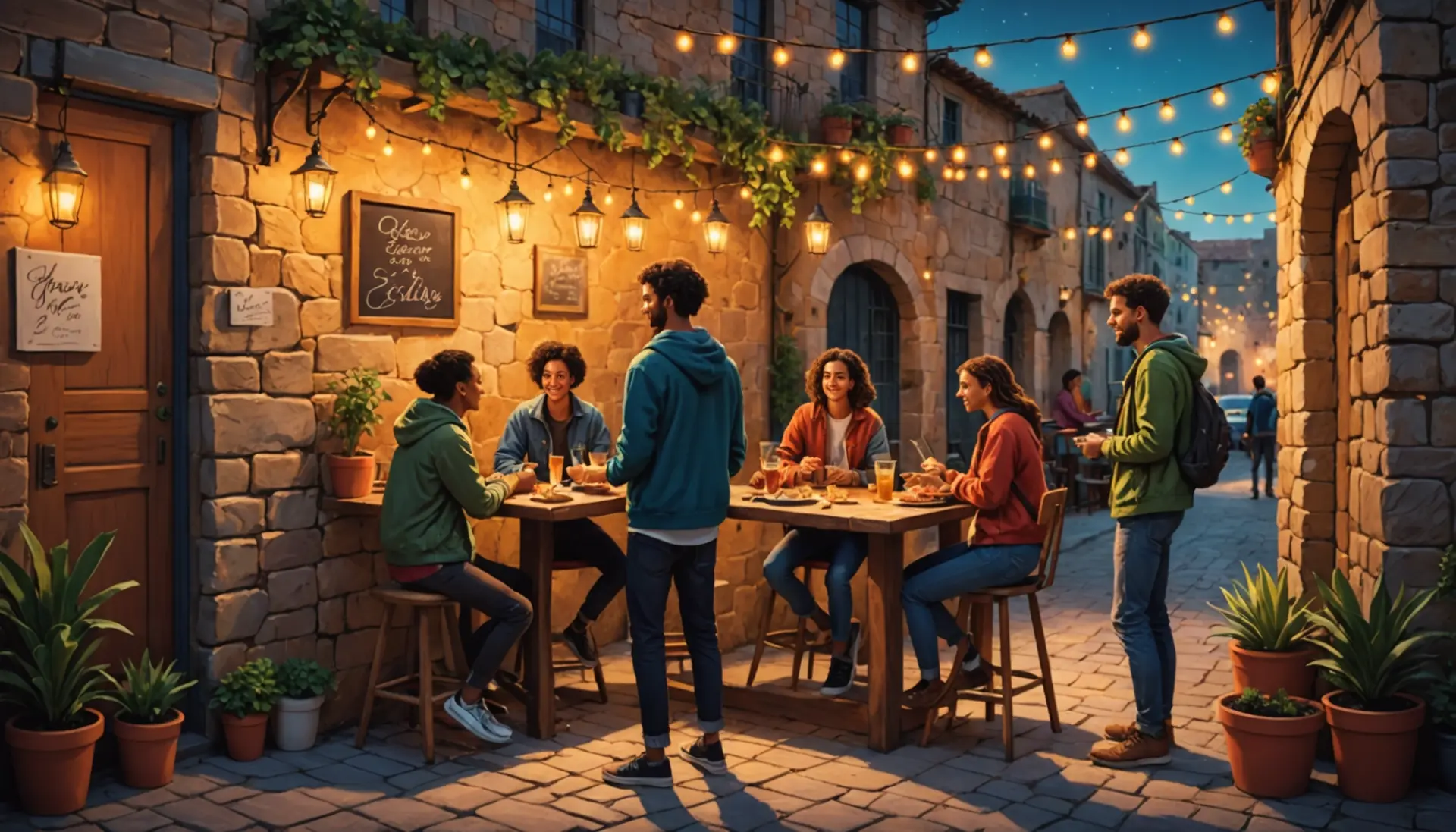 Editorial illustration showing young people outside a rustic meson, captioned vibe scene, meson meaning slang