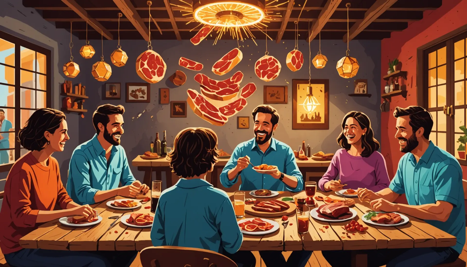 Editorial illustration showing a cozy mesón and a small powerful particle, representing meson slang