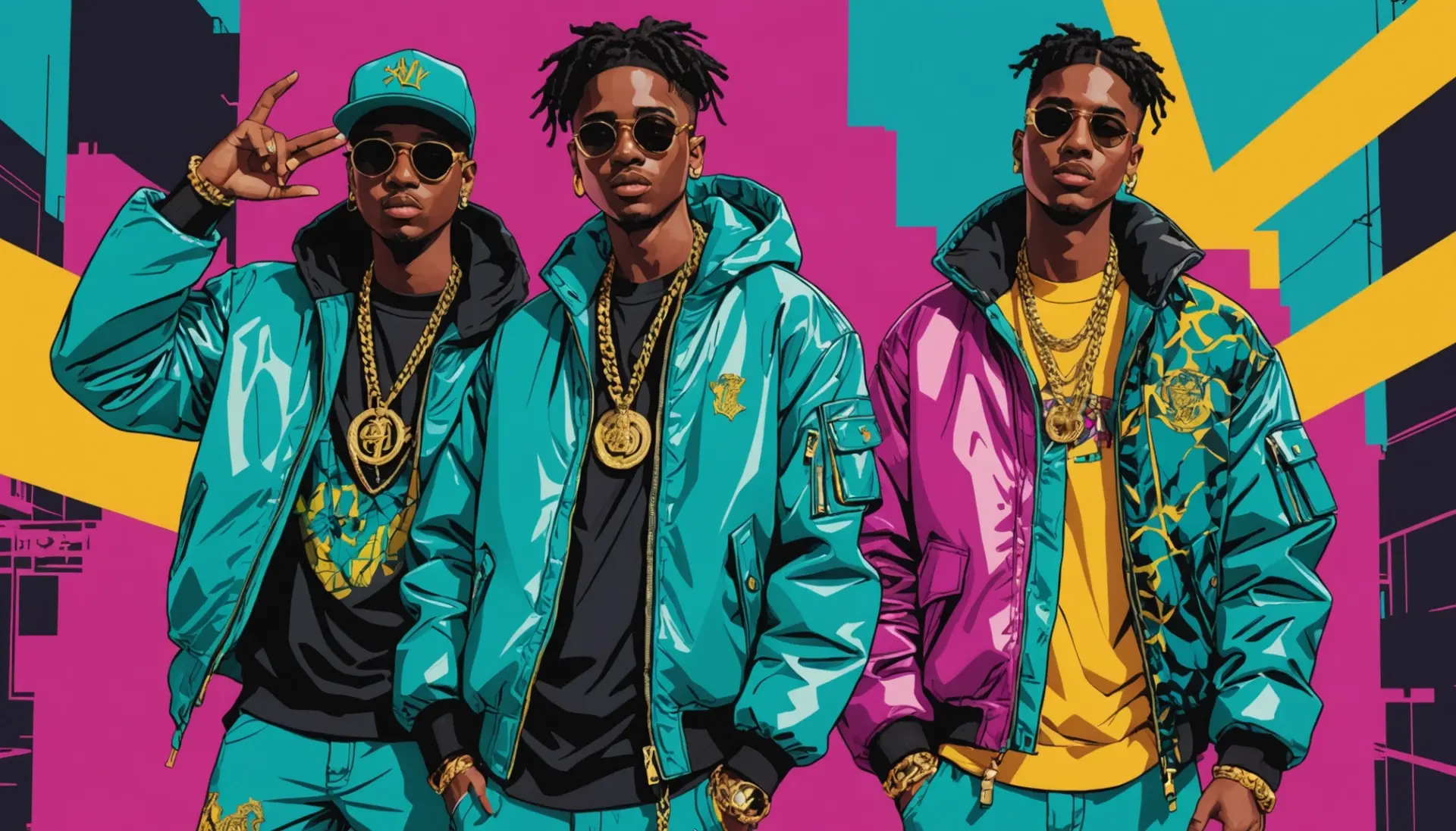 Editorial illustration showing musicians and street culture, with the phrase 'what does migos mean' implied in the scene