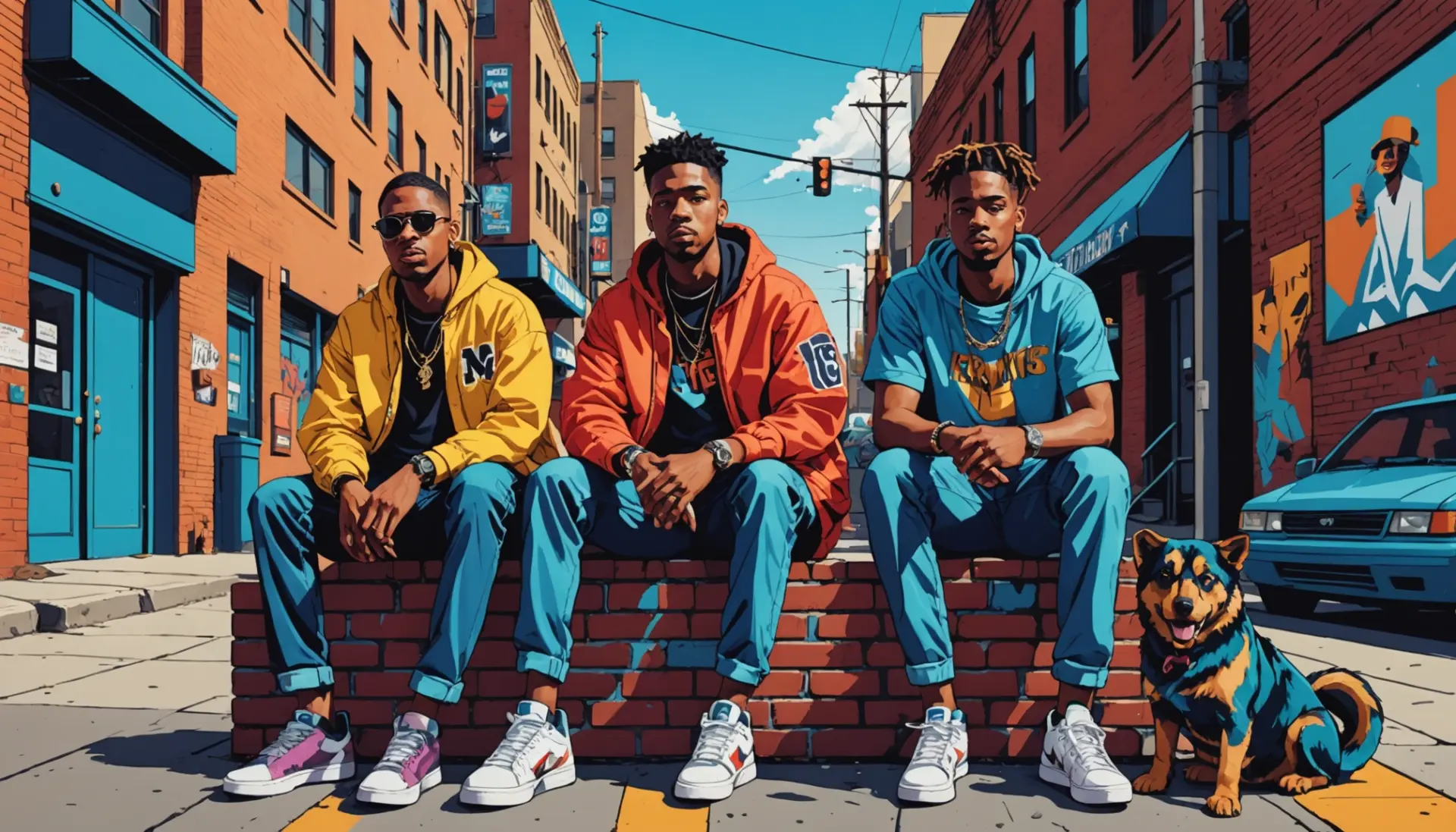 Editorial illustration showing the phrase migos meaning slang in mood, with stylized friends and music imagery