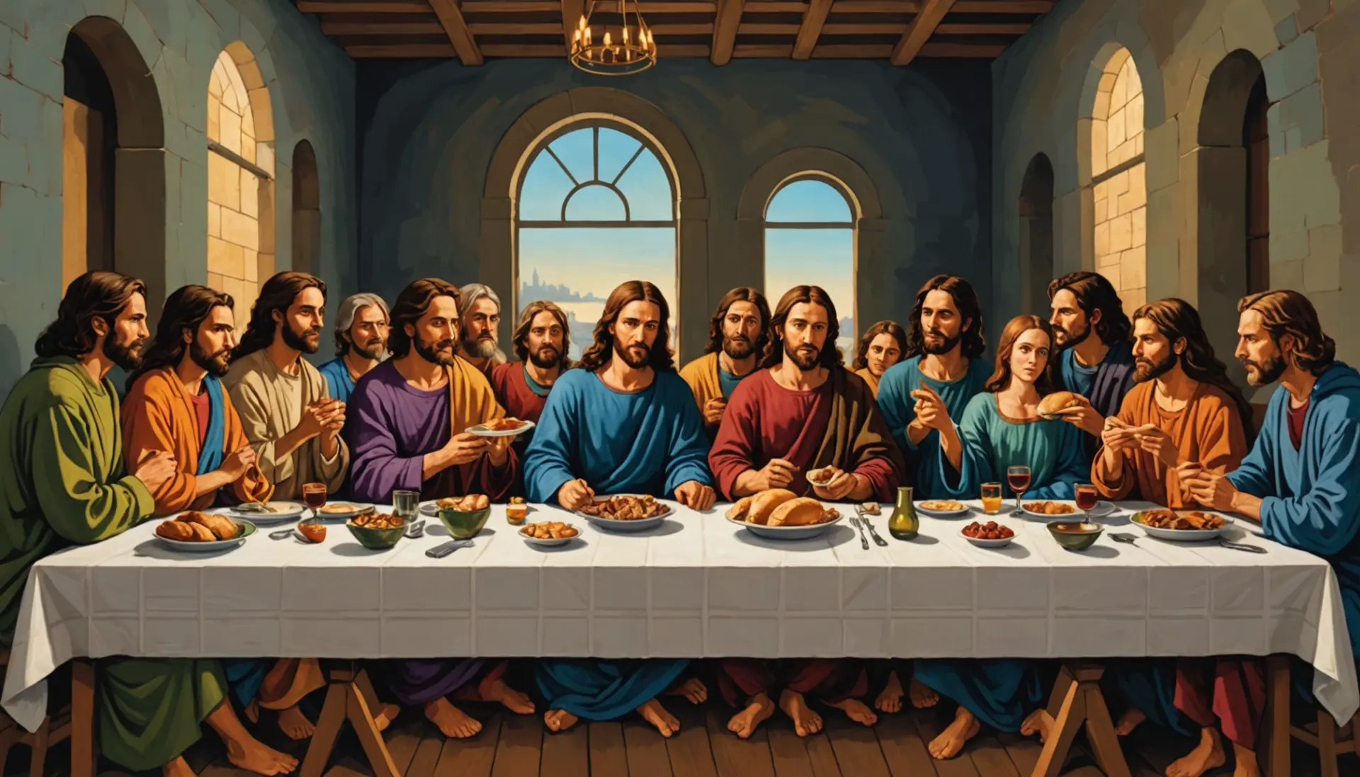 Editorial illustration showing a symbolic Last Supper scene with church symbols, representing what does maundy thursday mean