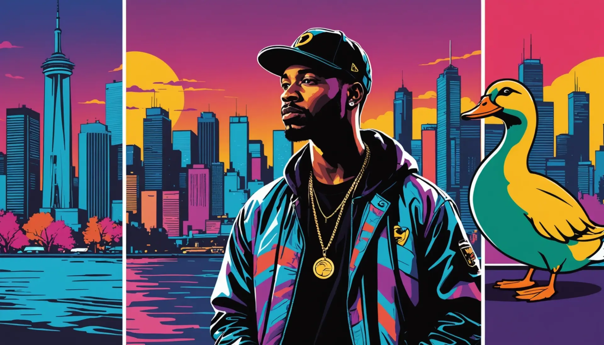 Editorial illustration showing the phrase what does drake mean with visual elements of a duck, a rapper silhouette, and meme panels