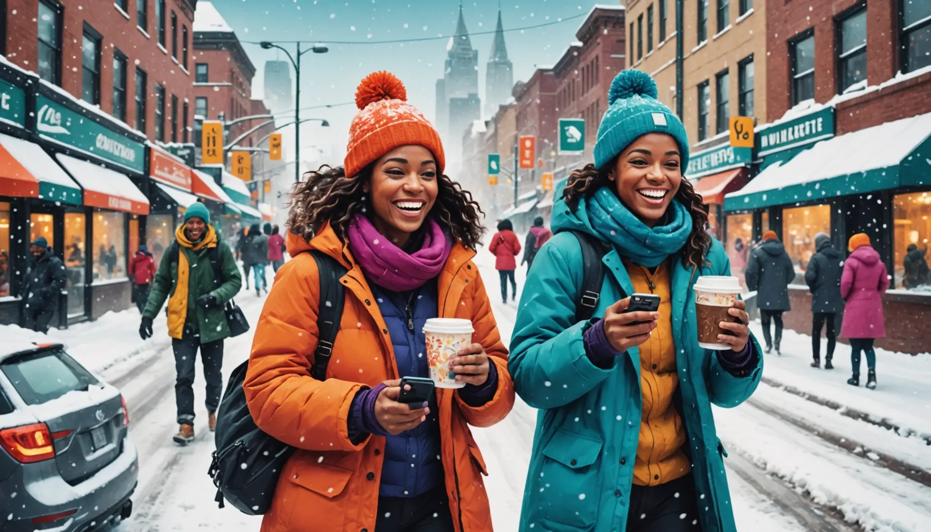 Editorial illustration showing a humorous Milwaukee blizzard scene, captioned with milwaukee blizzard urban dictionary in the image metadata