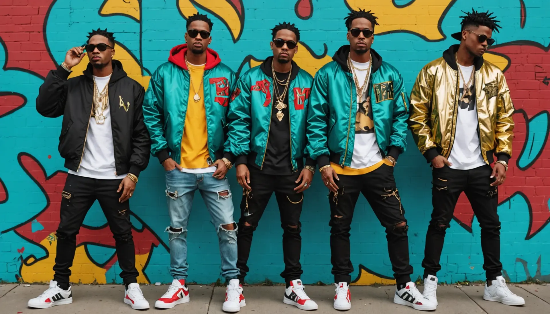 Editorial illustration showing three figures representing Migos slang culture with bold colors and urban fashion, migos slang