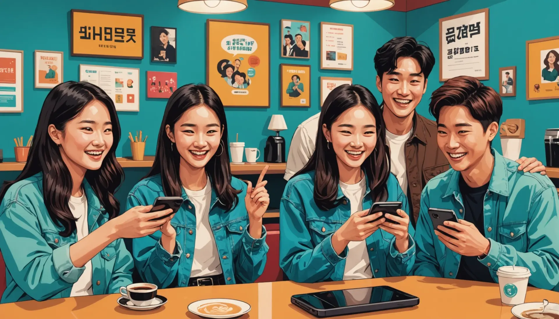 Editorial illustration of friends talking about what does noona mean in korean