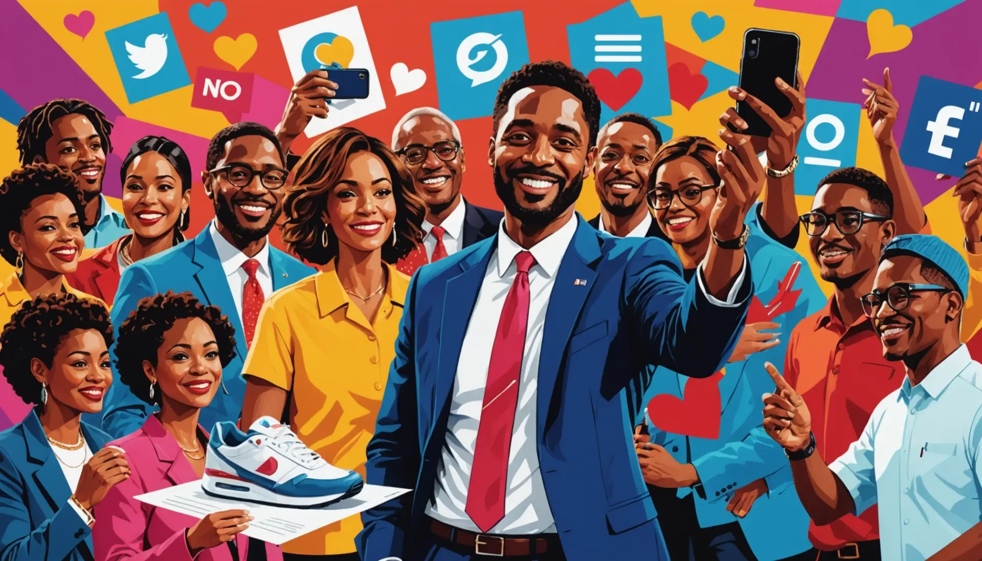 Illustration showing the concept of what does endorse mean with people signing, posting on social media, and giving thumbs up