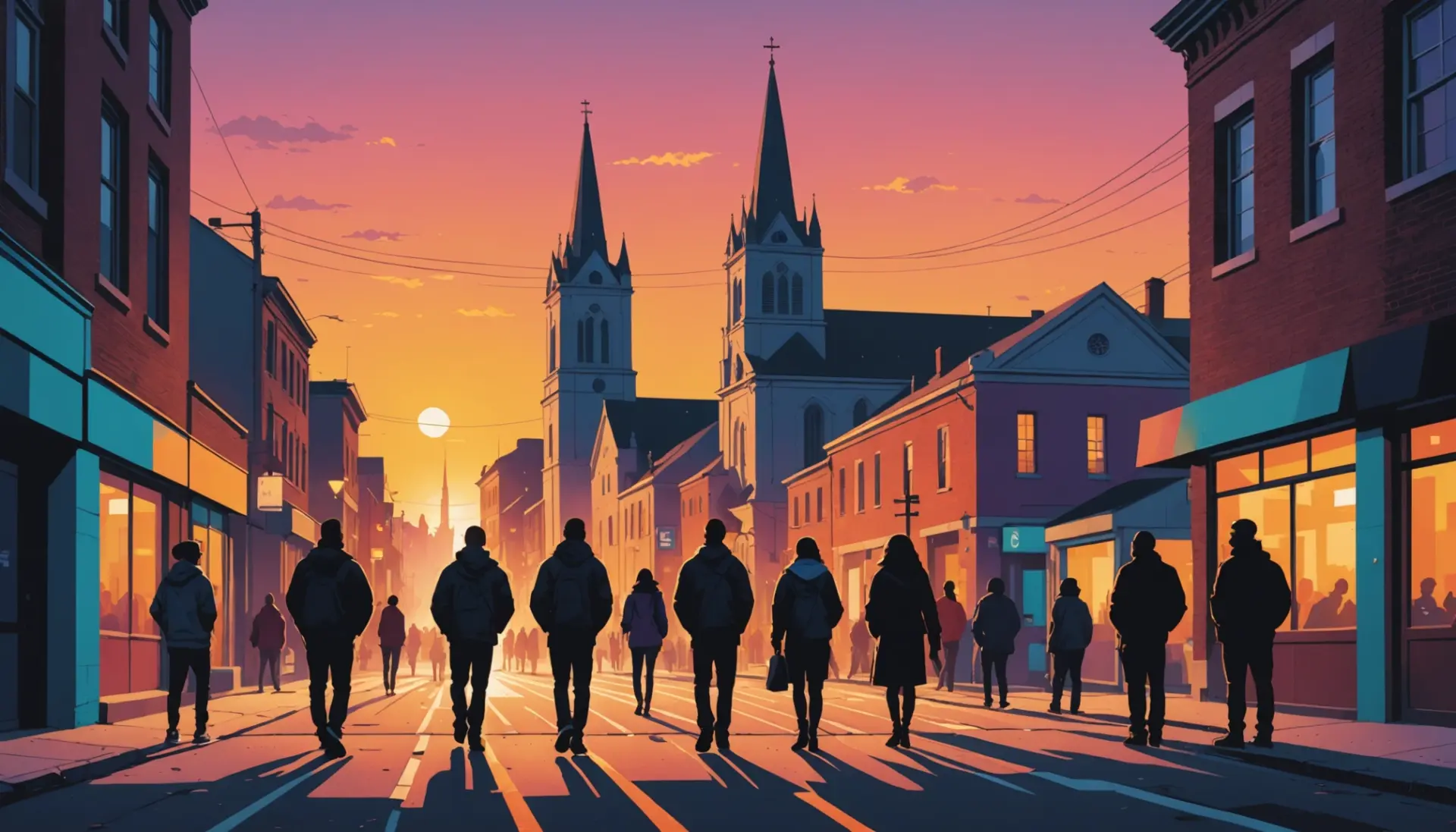Illustration showing people reflecting on what does good friday mean with church silhouettes