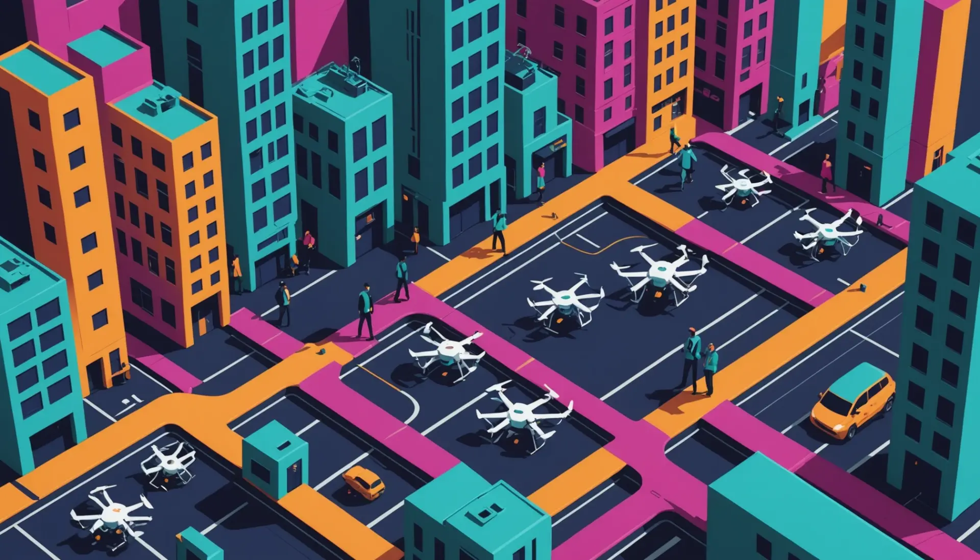Editorial illustration showing people and drones interacting, caption-style, drone meaning slang