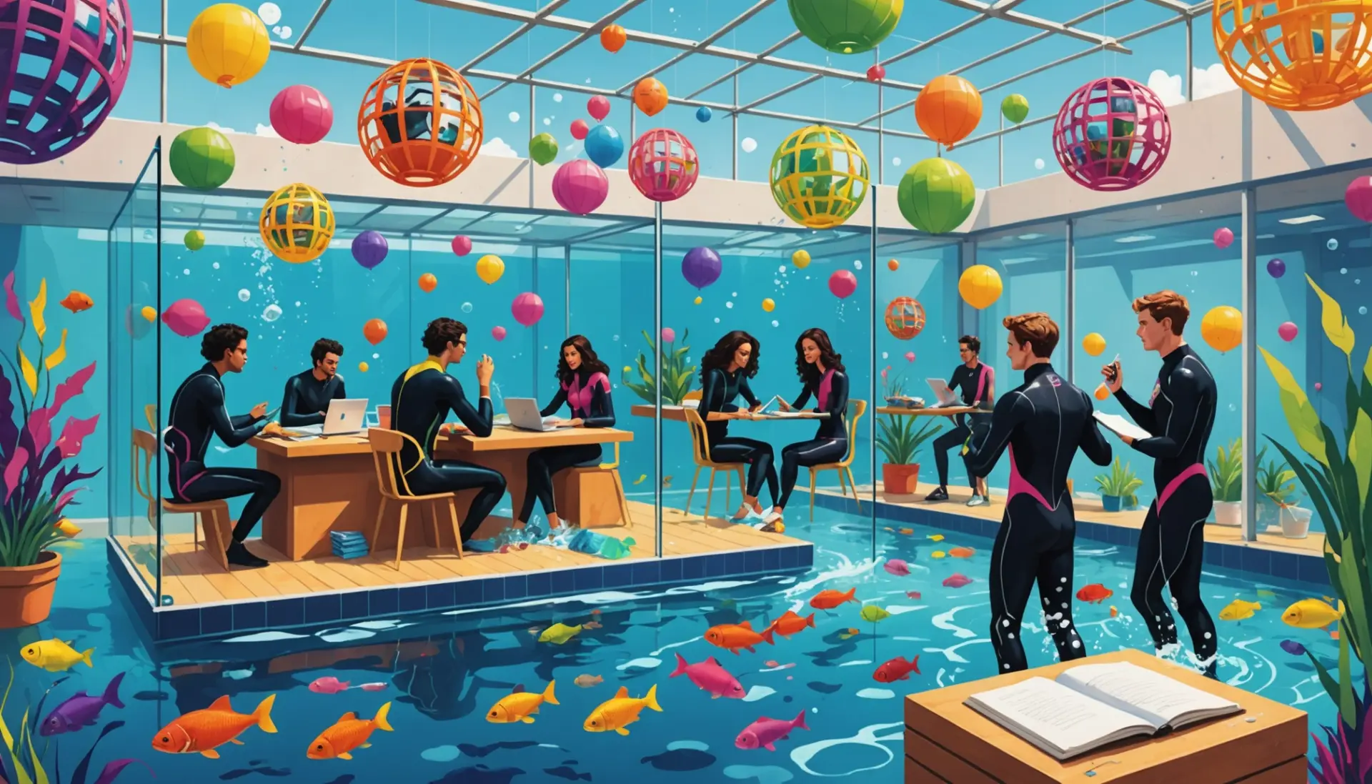 Editorial illustration of students doing underwater basket weaving urban dictionary style, playful and satirical