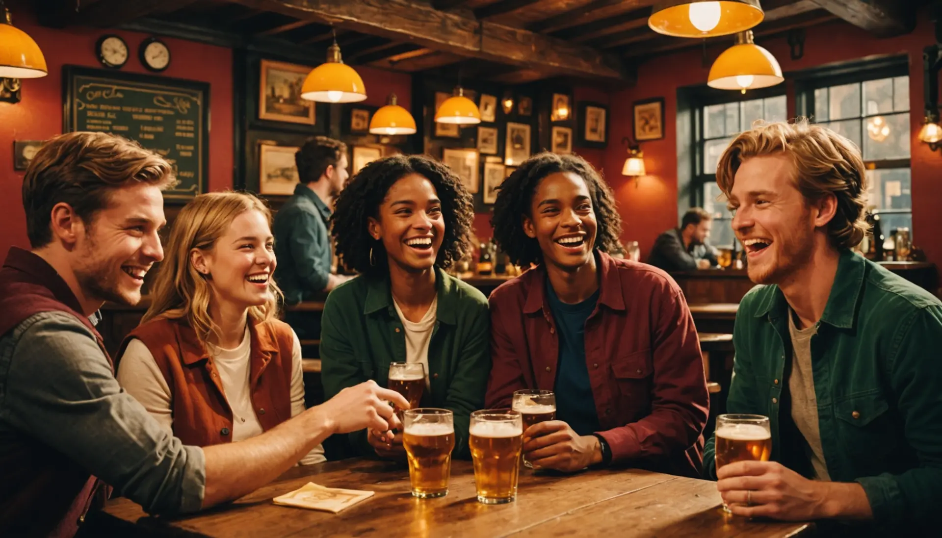 Editorial illustration of friends using sausage british slang while laughing