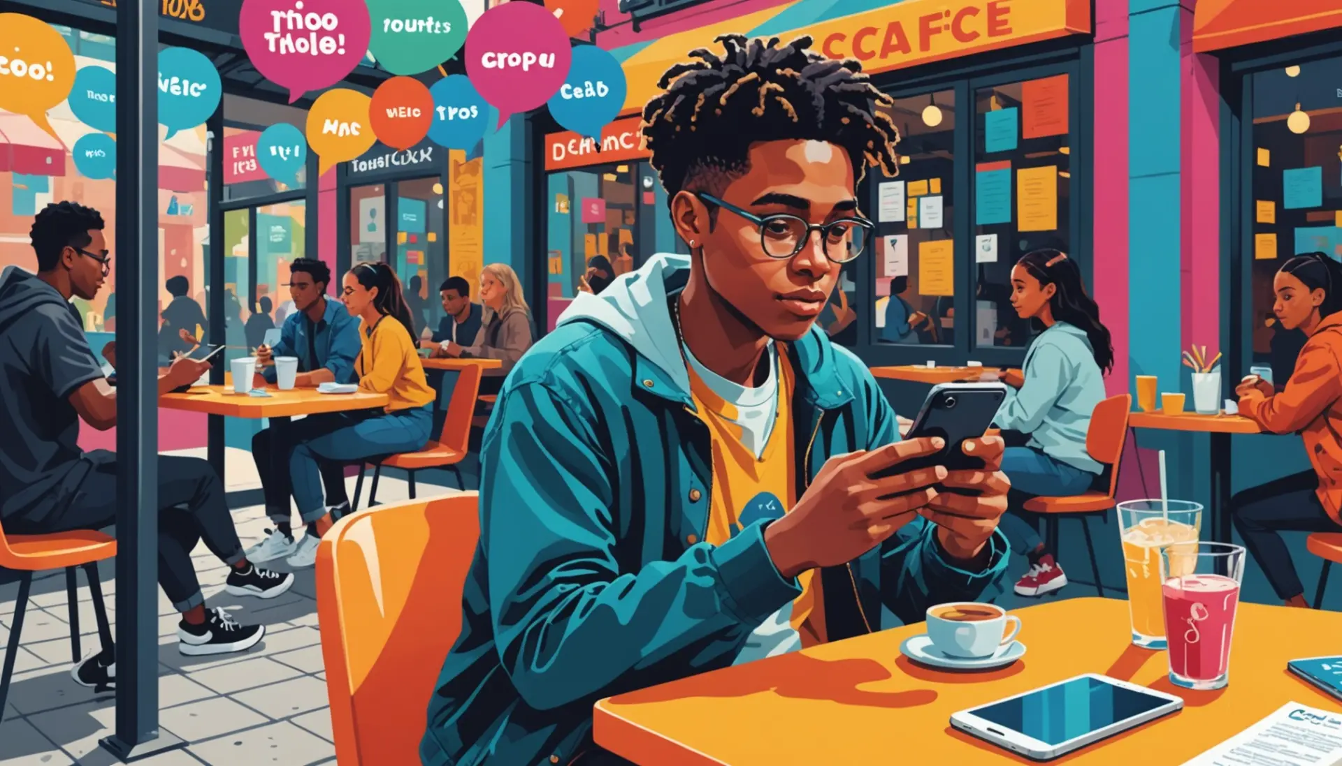 Editorial illustration of a person looking up 'collins slang' on a phone, showing the phrase collins slang