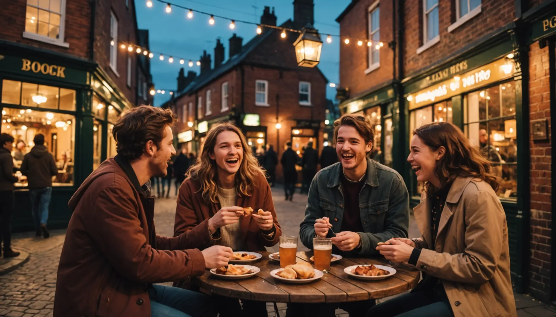 Editorial illustration showing young Brits laughing over a sausage, representing sausage in british slang