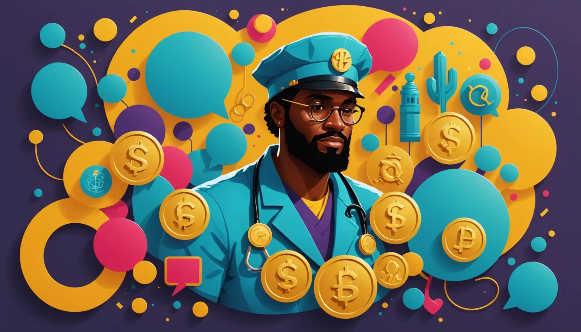 Editorial illustration representing gp urban dictionary with stylized chat bubbles and gaming coins