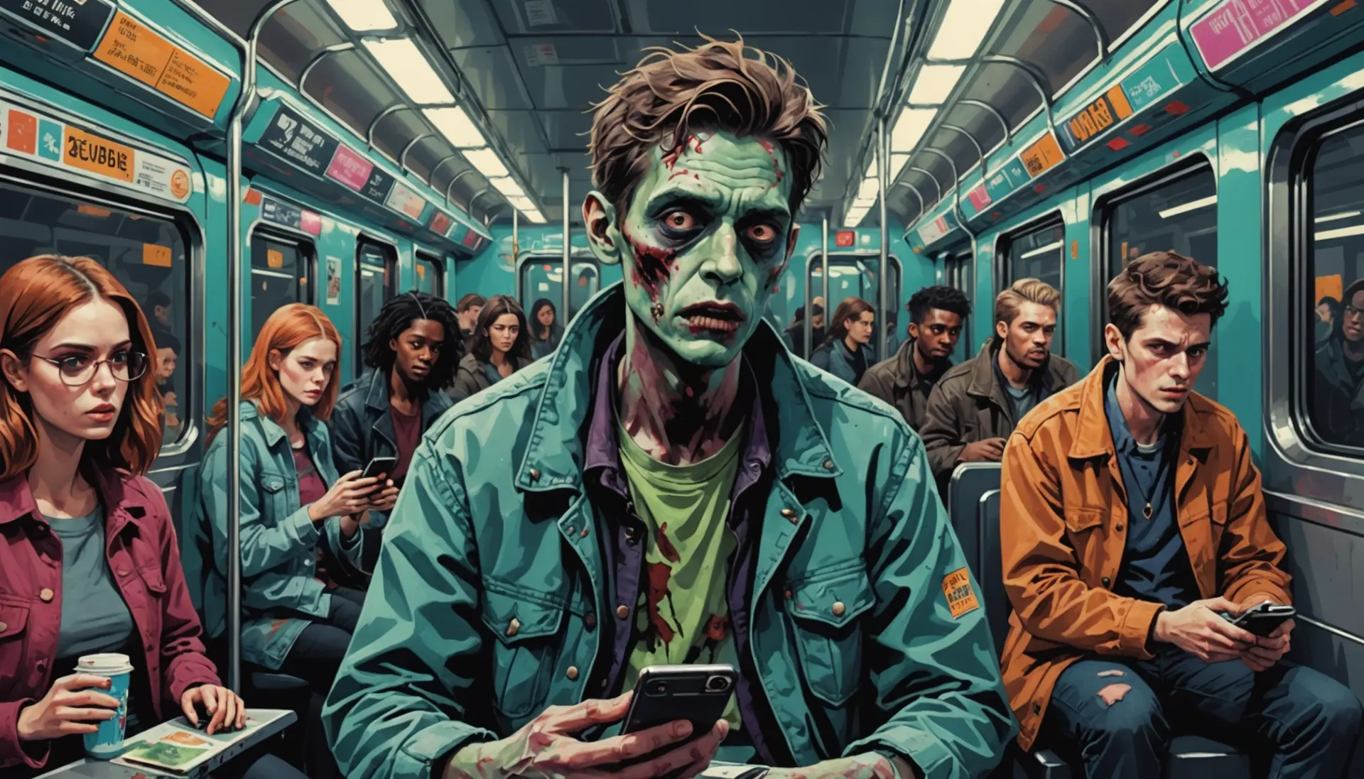 Editorial illustration showing characters embodying 'zombie slang meaning' in different modern contexts
