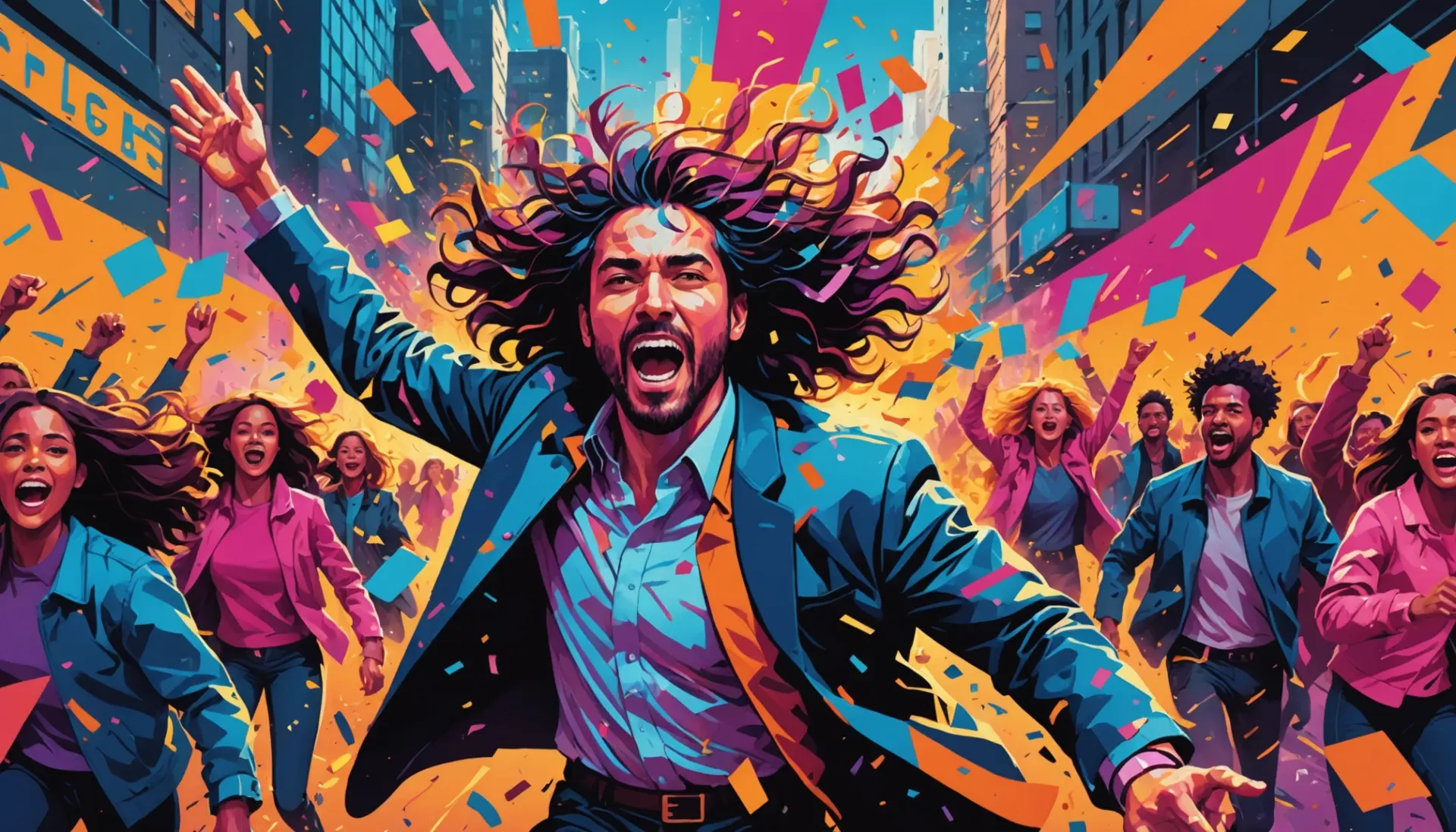 Editorial illustration of energetic crowd with headline figure like a hurricane, hurricane meaning slang