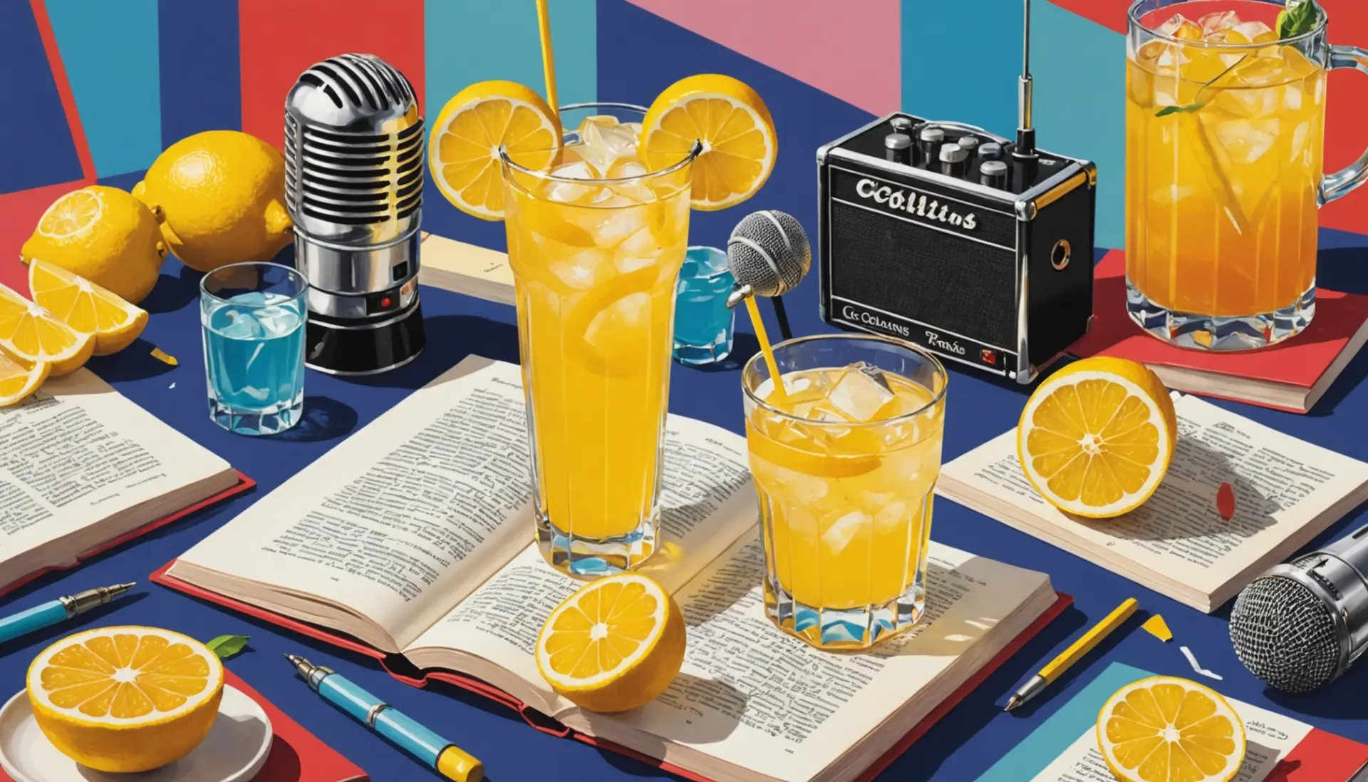 Editorial illustration representing collins slang meaning with cocktail, dictionary, and music icon symbols