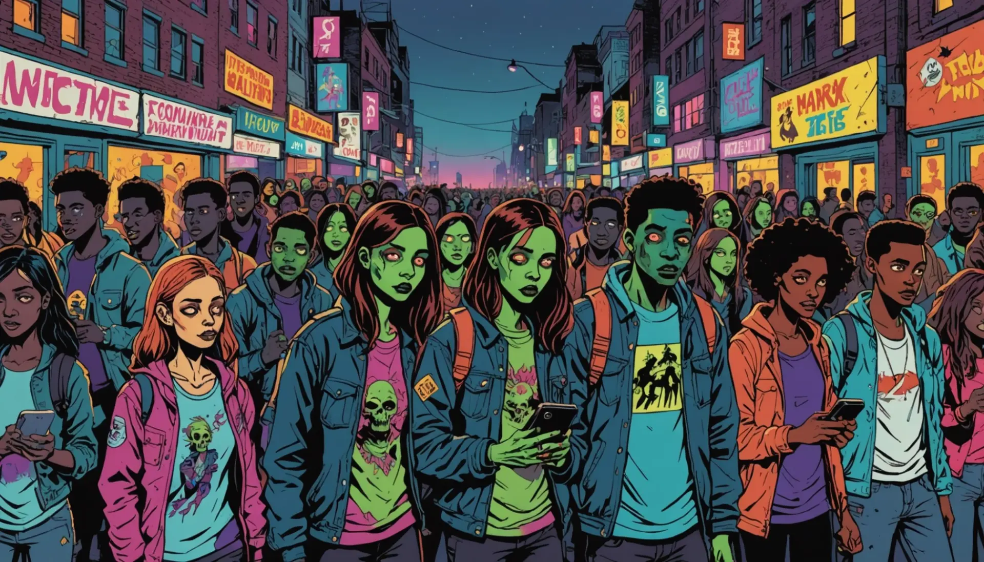 Editorial illustration showing people as stylized city zombies, caption-free, representing zombie slang