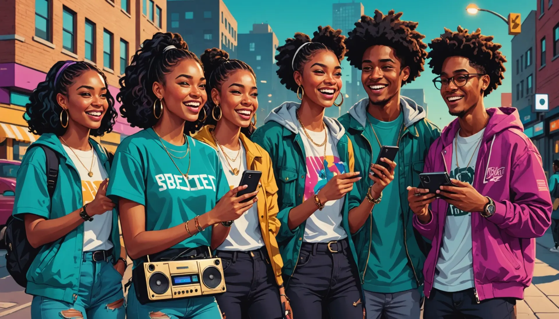 Editorial illustration showing people saying what does pushing p mean in slang with vibrant city background