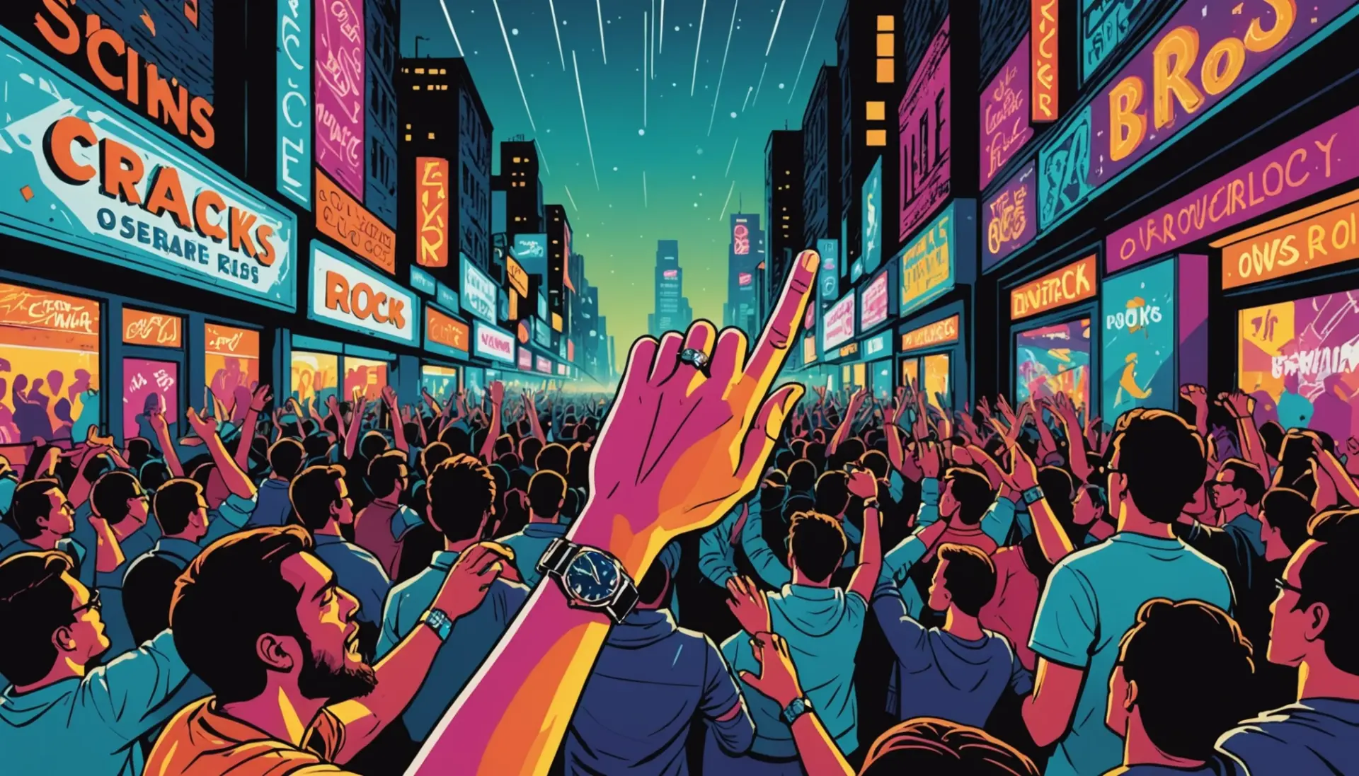 Editorial illustration showing people using the phrase 'rocks' in different contexts, hinting at jewelry and slang, rocks meaning slang